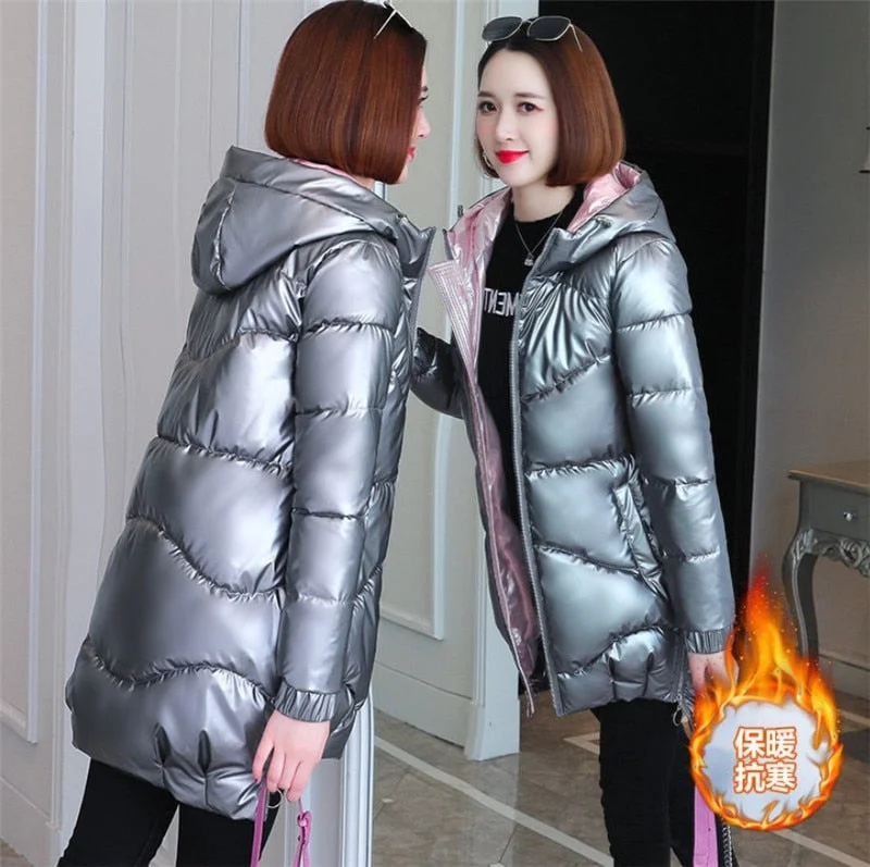 2021 Women Shiny Down Cotton Jacket Winter Jackets Warm Mid Long Cotton Padded Casual Hooded Parkas Overcoat Female Basic Coat