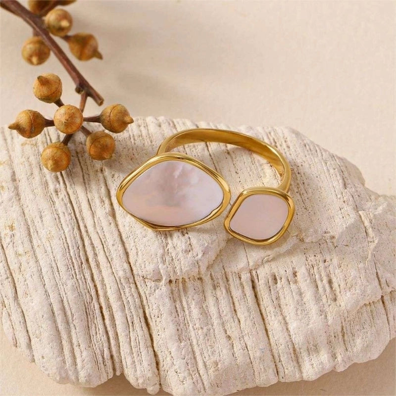 Minimalist Irregular 304 Stainless Steel Shell 18K Gold Plated Inlay Open Rings