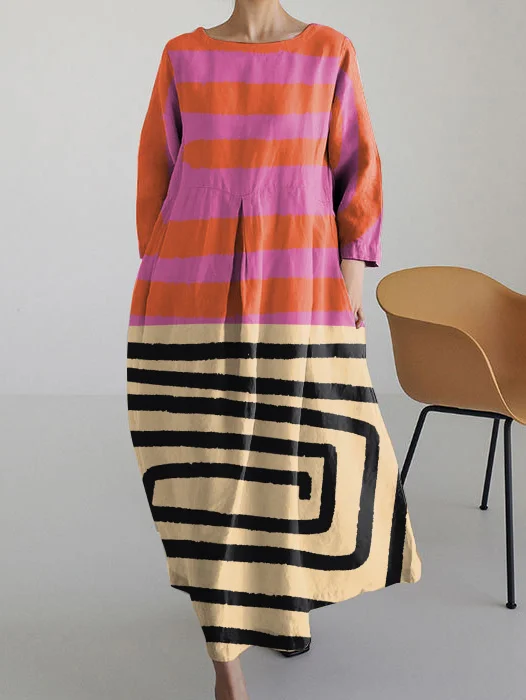 Vintage Abstract Art Print Long Sleeve Dress