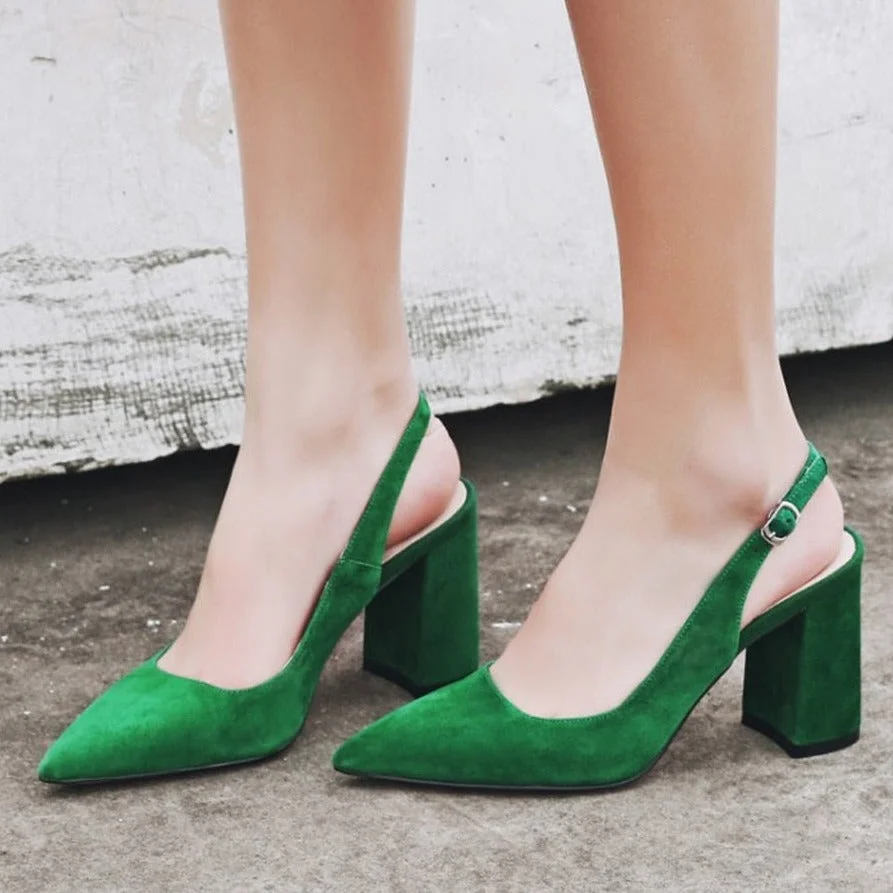 Women Shoes Kid Suede High Heels Pointed Toe Slingbacks Thick High Heel Pumps Autumn Lady Party Heels Green Beige 34-42