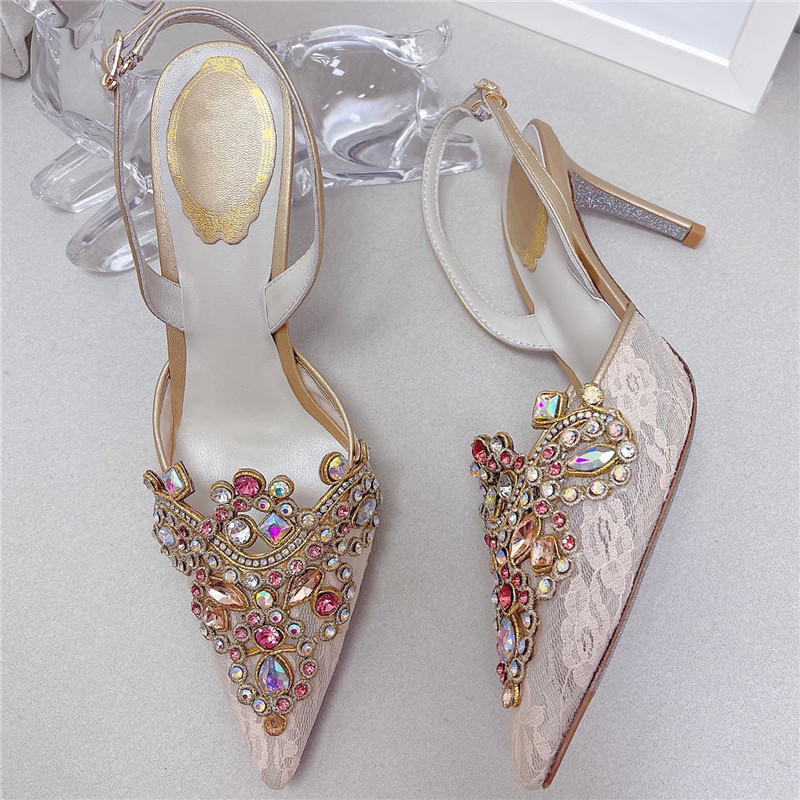 VCshoes Lace Pointy Wrap Toe Crystal Mid Heel Sandals Women Stiletto Sandals Ethnic Style Wedding Party Shoes Mujer