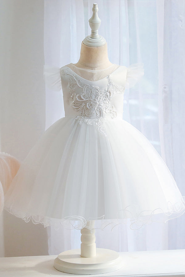 Oknass White Ball Gown Short Sleeves Jewel Flower Girl Dress Pleated with Appliques