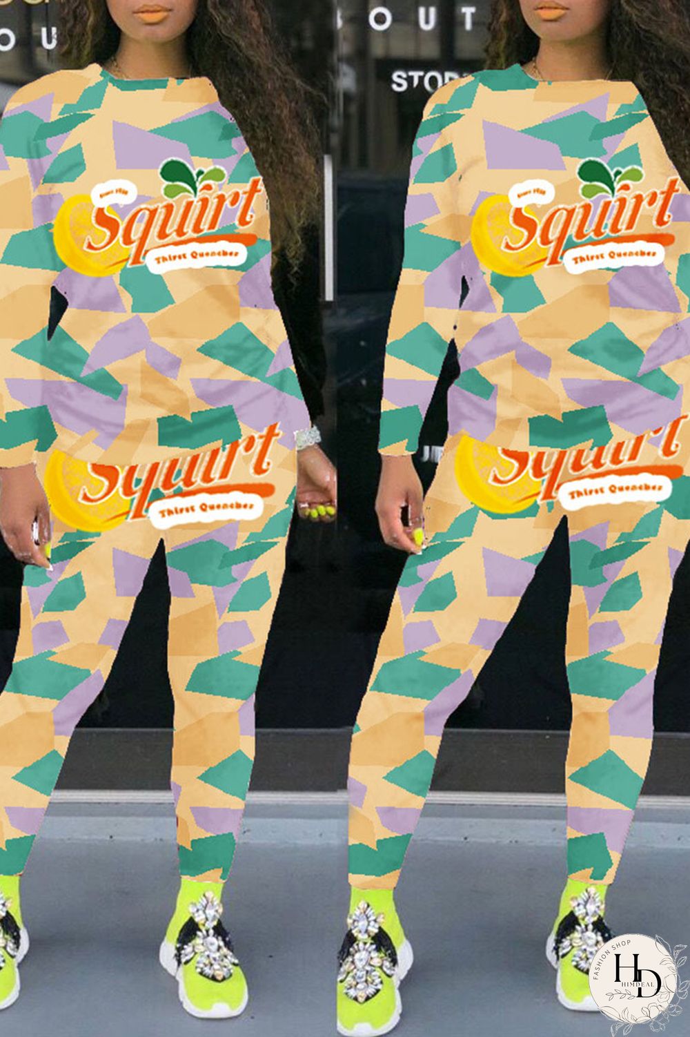 Colour Street Letter Print Patchwork O Neck Long Sleeve Two Pieces