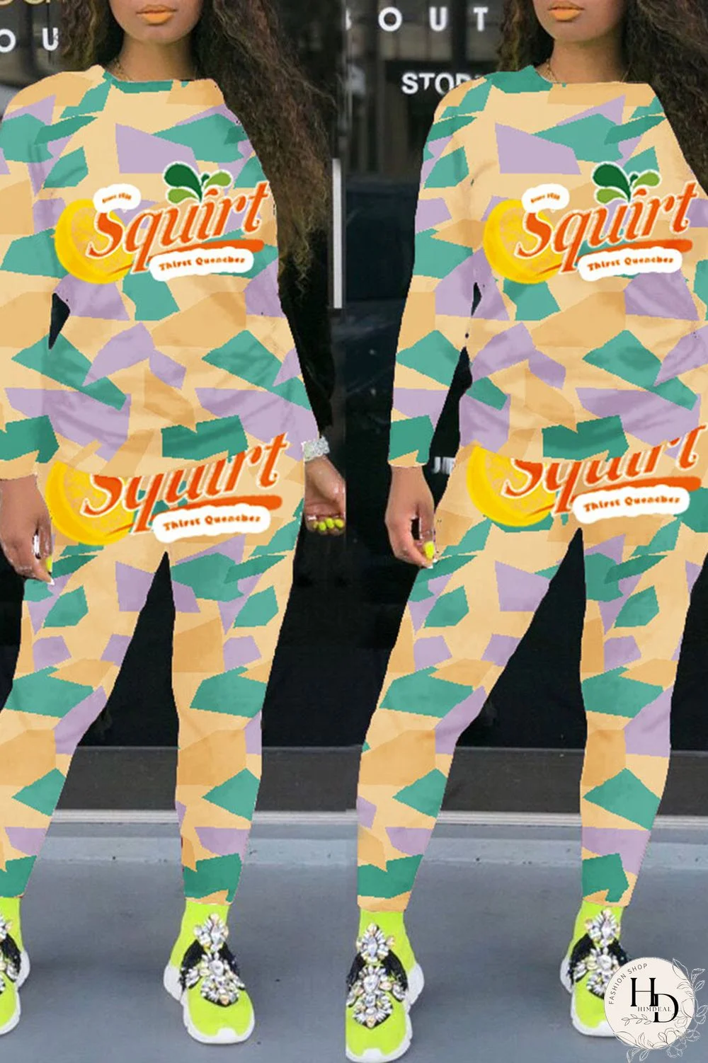 Colour Street Letter Print Patchwork O Neck Long Sleeve Two Pieces