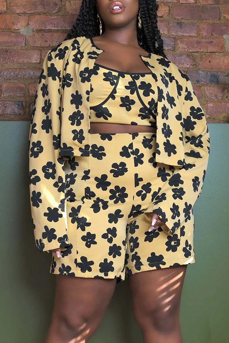 Yellow Casual Print Split Joint Spaghetti Strap Plus Size Three Pieces