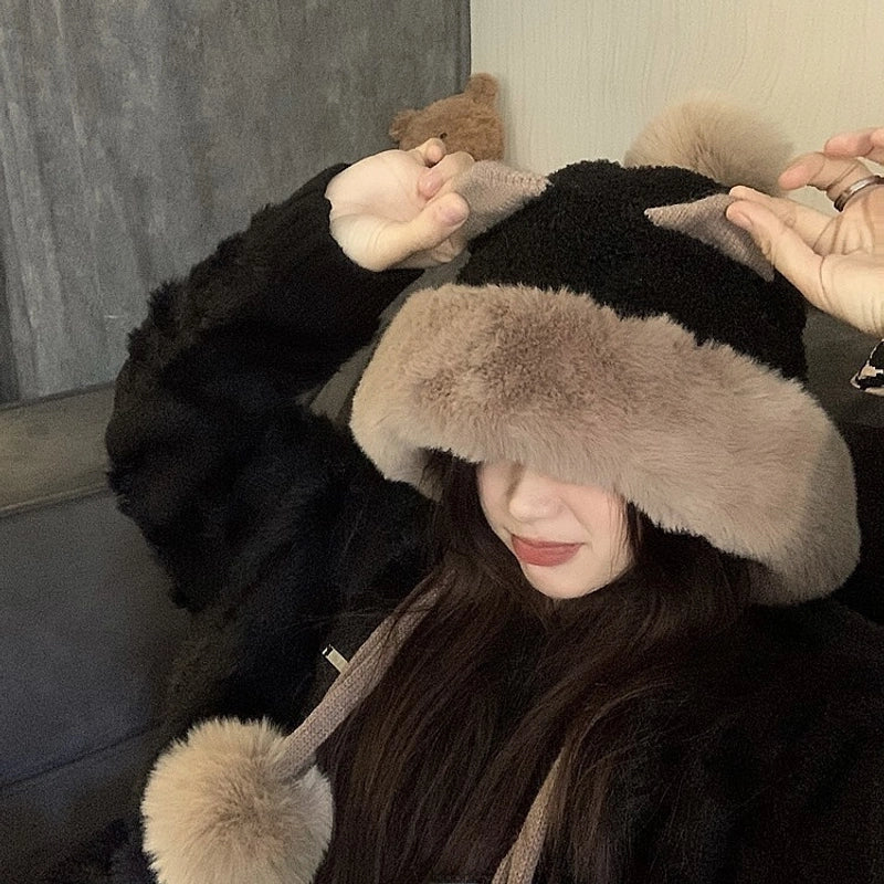 Winter Korean Style Versatile Cute Ear Plush Hat Women’s Fleece-lined Ear Protection Lei Feng Hat Women’s Warm Toe Cap Fashion