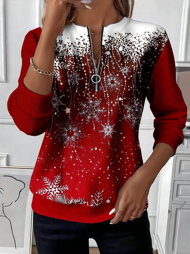 Women Long Sleeve Scoop Neck Snowflake Printed Graphic Zipper Tops