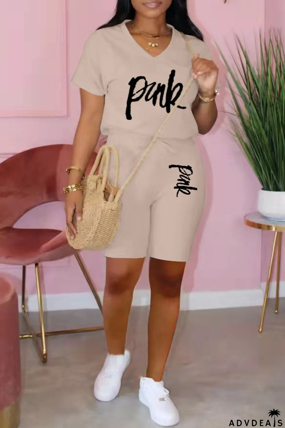 Apricot Fashion Casual Letter Print Basic V Neck Short Sleeve Two Pieces