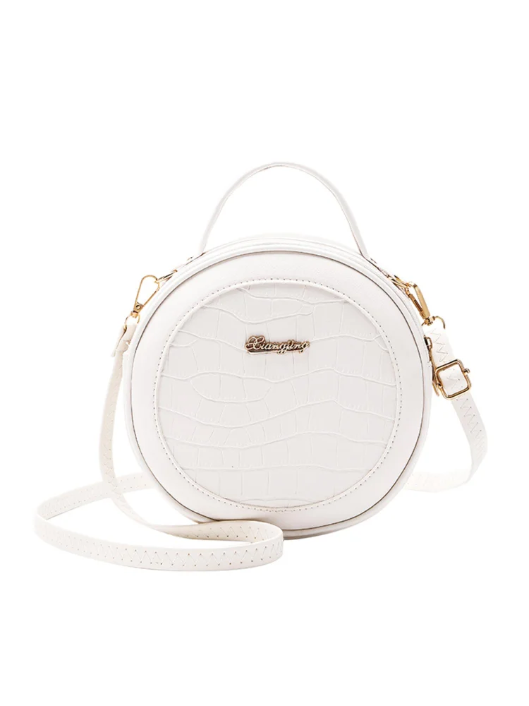 Women Round Shoulder Bag Alligator PU Circle Zip Crossbody Handbag (White)