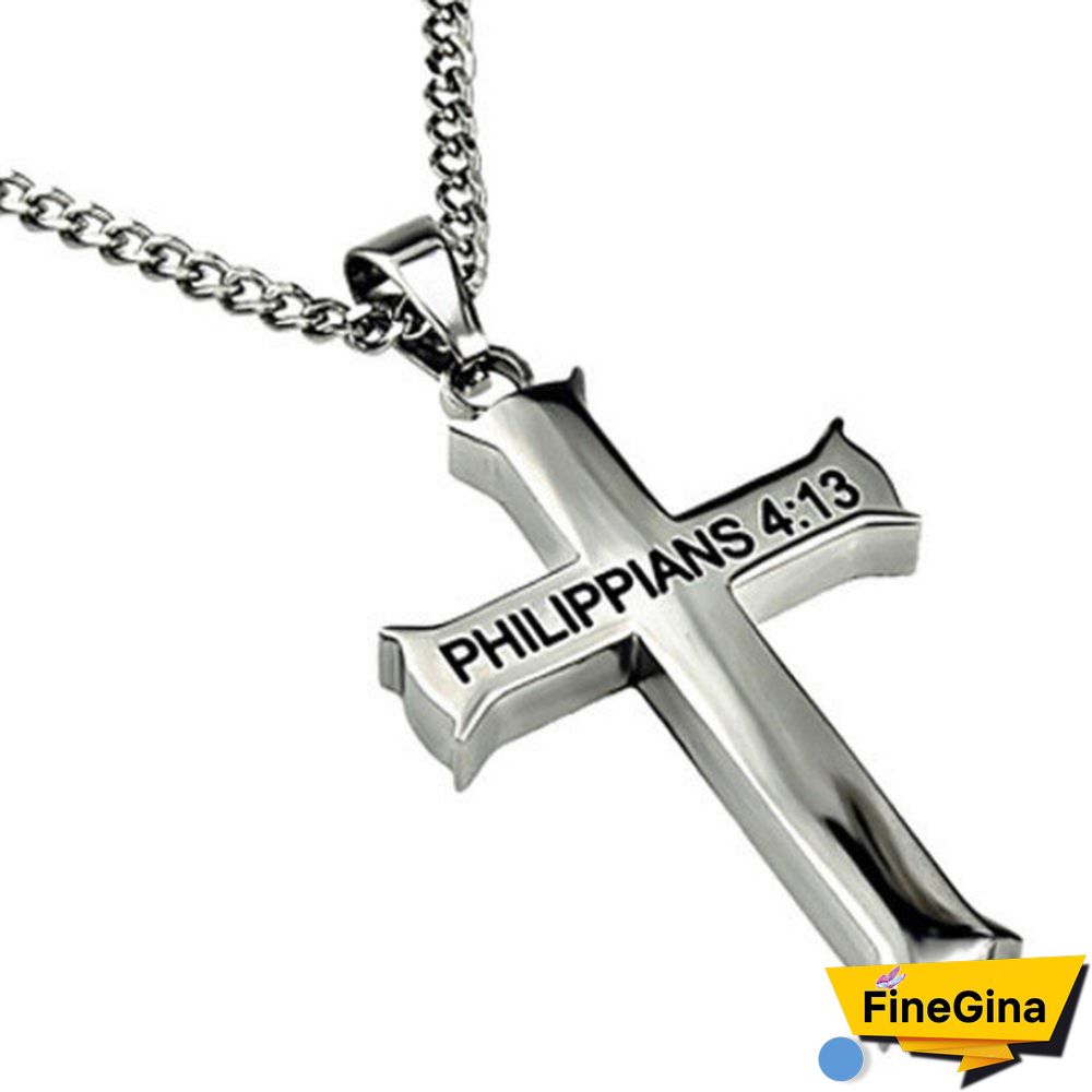 Stainless Ssteel Philippians 4:13 Jewelry, Cross Necklace Bible Verse, Stainless Steel with Chain (60cm）