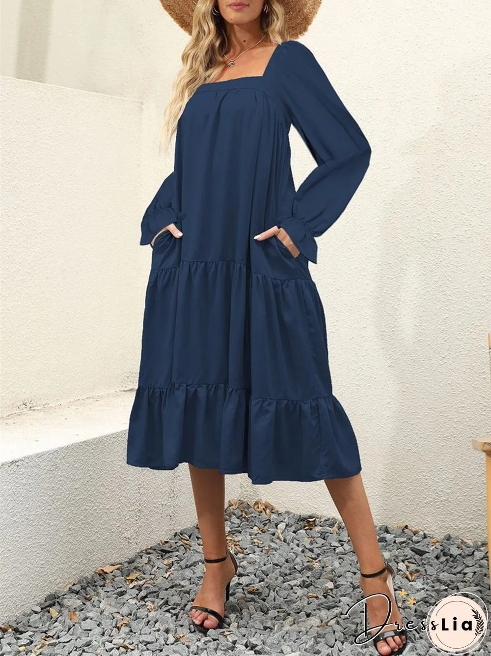 Loose Square Collar Solid Color Long Sleeve Big Swing Dress