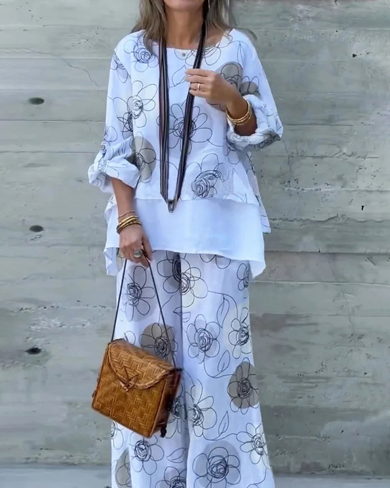 Floral Pattern Three Quarter Sleeve Top & Wide Leg Pants Set
