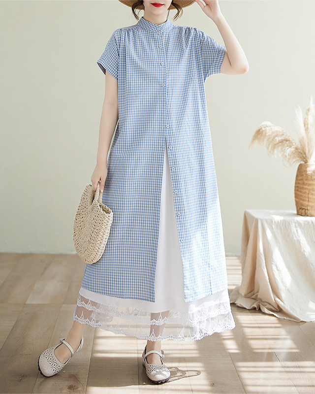 Gingham Checkered Short Sleeve Stand Up Collar Button Split Midi Dress