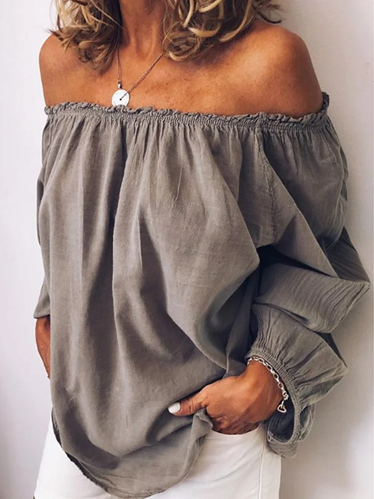 Casual Off Shoulder Long Sleeve Solid Shirts & Tops