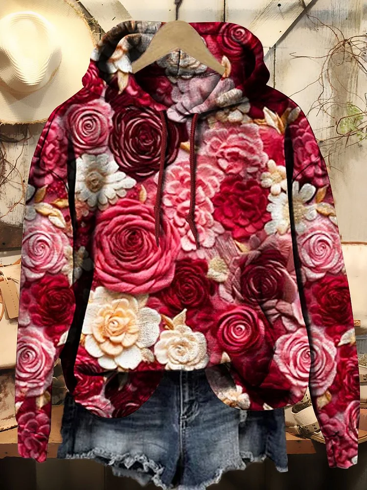 Women's Valentine Rose Art Print Casual Hooded Sweatshirt