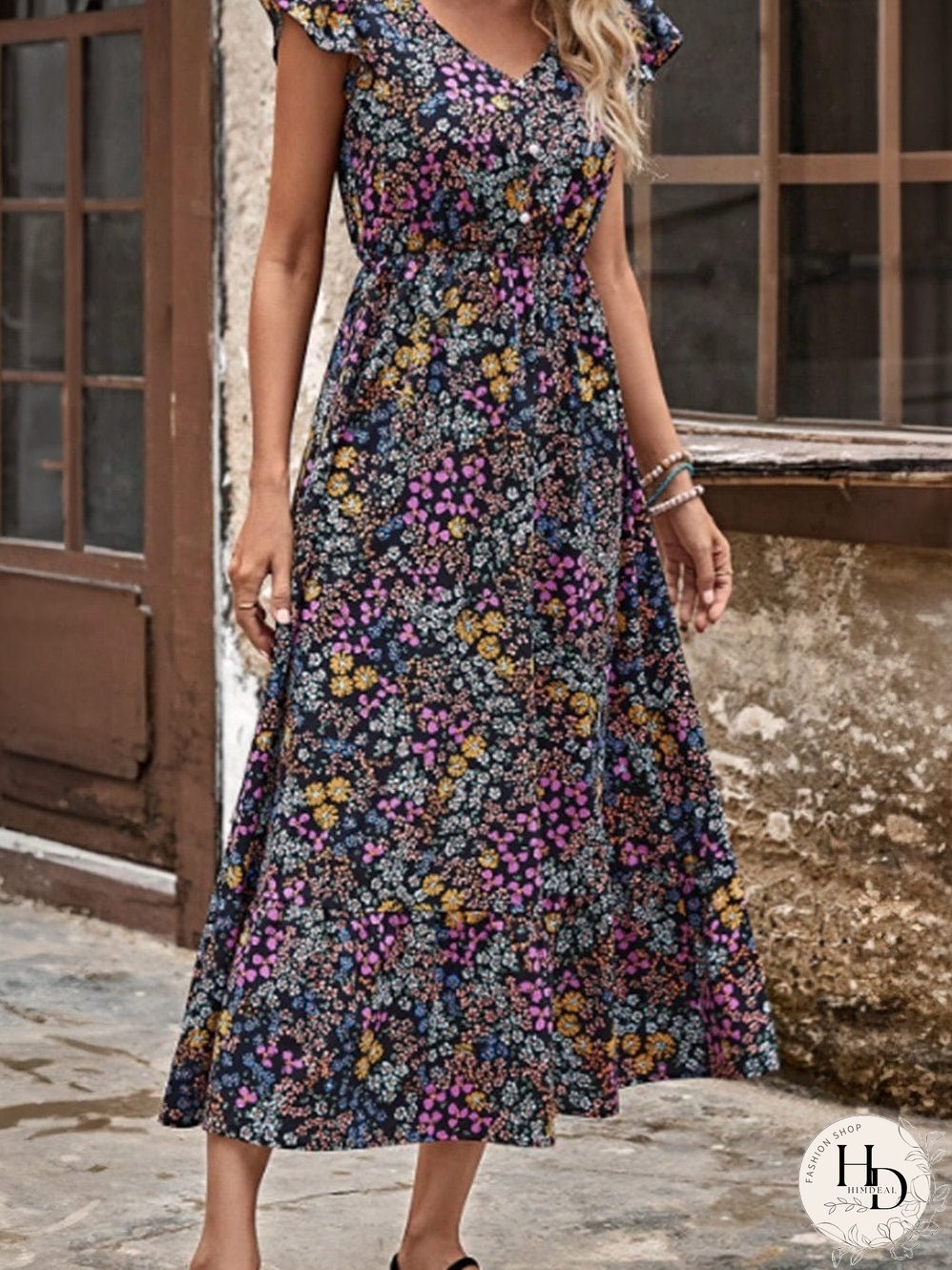 Elegant Black Floral V-Neck Midi Dress with Ruffle Sleeves