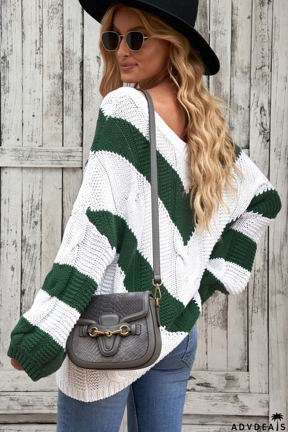 Green Color Block Drop Shoulder Oversize Sweater
