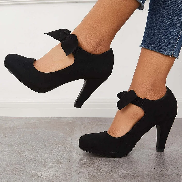 HUXM Thick Heel Pumps Bowknot Round Toe Ankle Strap Heels