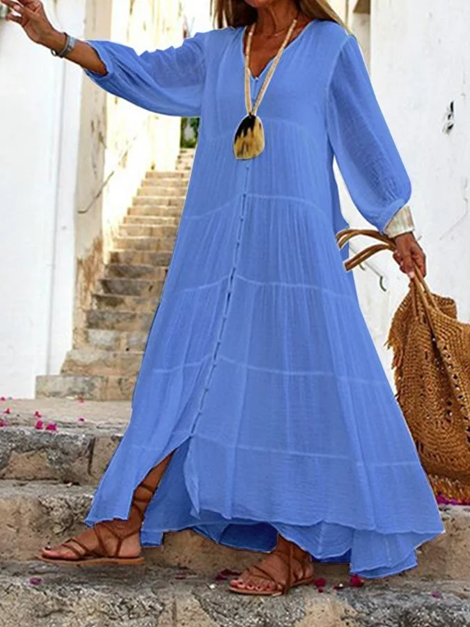 Women's V-Neck Long Sleeve Boho Cotton Linen Dress socialshop
