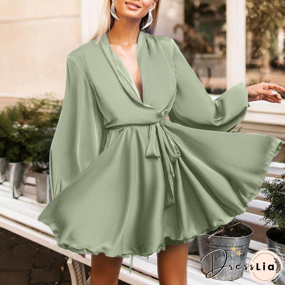 Autumn Women Lantern Long Sleeve Mini Dress Neck Party Casual Swing Wrap Line Plus Size