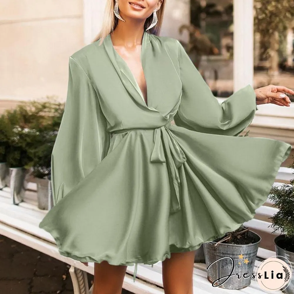 Autumn Women Lantern Long Sleeve Mini Dress Neck Party Casual Swing Wrap Line Plus Size