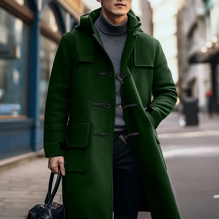 Men's Daily Solid Color Flap Pockets Hooded Overcoat