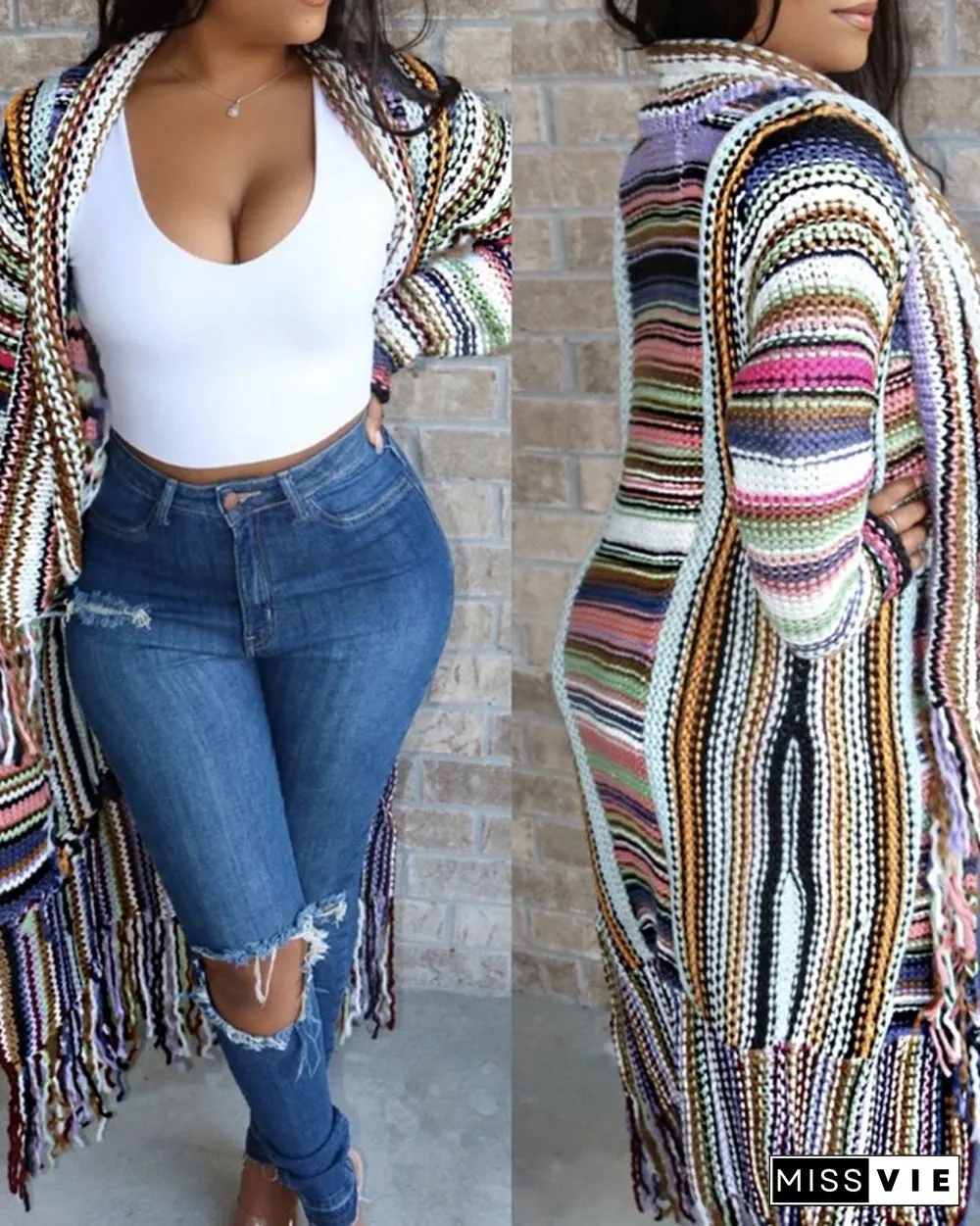 Colorblock Tassel Design Knit Longline Cardigan
