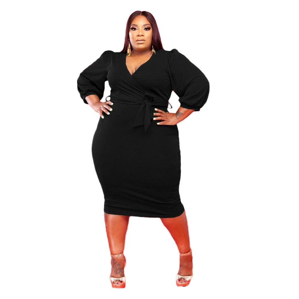Plus Size Dress Women 5xl V Neck Bandage Solid Casual Puff Sleeve Elegant Midi Dress Fashion Streetwear Wholesale Dropshipping