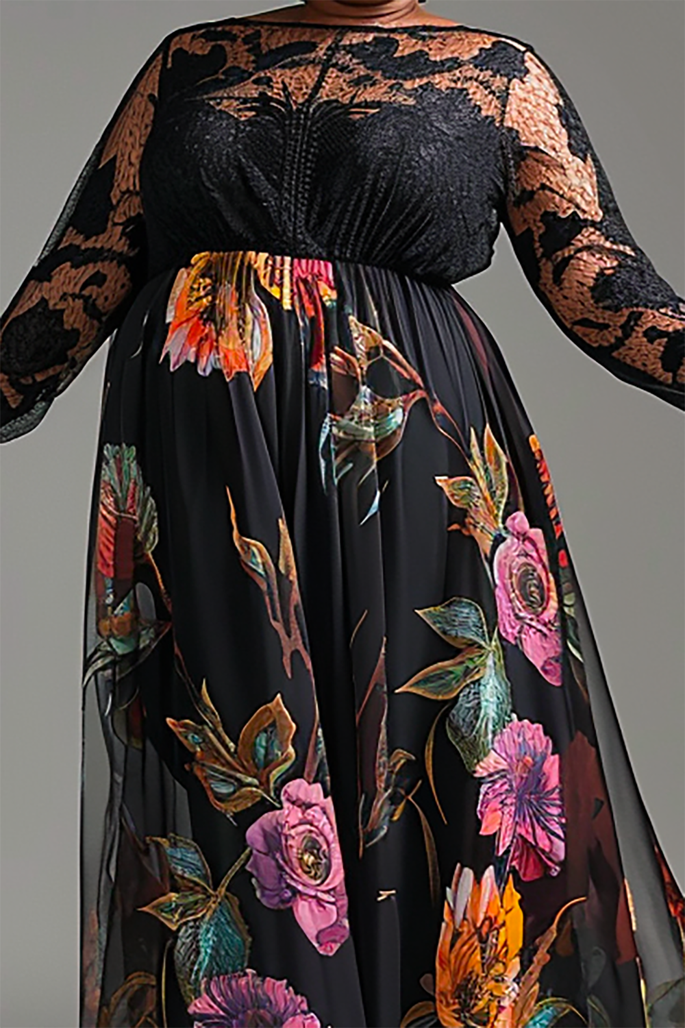 Design Plus Size Semi Formal Elegant Black Floral Round Neck Long Sleeve See Through Mesh Maxi Dresses [Pre-Order]