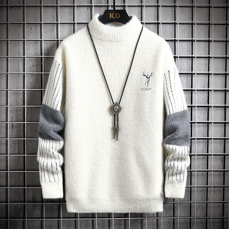 Mens Autumn Winter Mock Neck Pullover Men Fashion Casual Slim Cashmere Print Knitted Sweater High Quality Street Warm Sweatshirt
