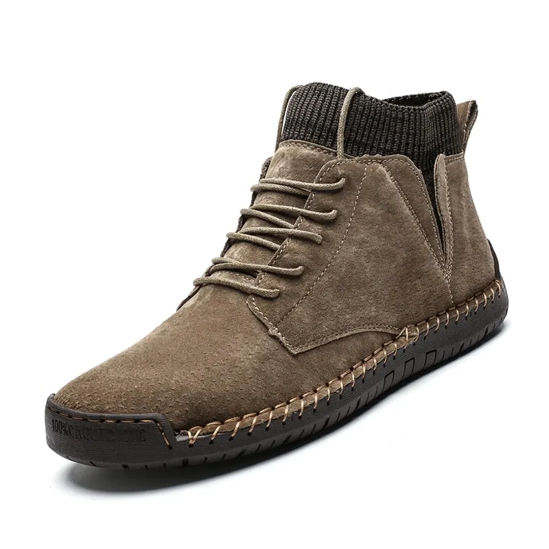 Nine o'clock 2020 Quality Winter Men's Leather Boots Outdoor Comfortable Elastic Sock Male Shoes Casual High-Top Lace-up Boots