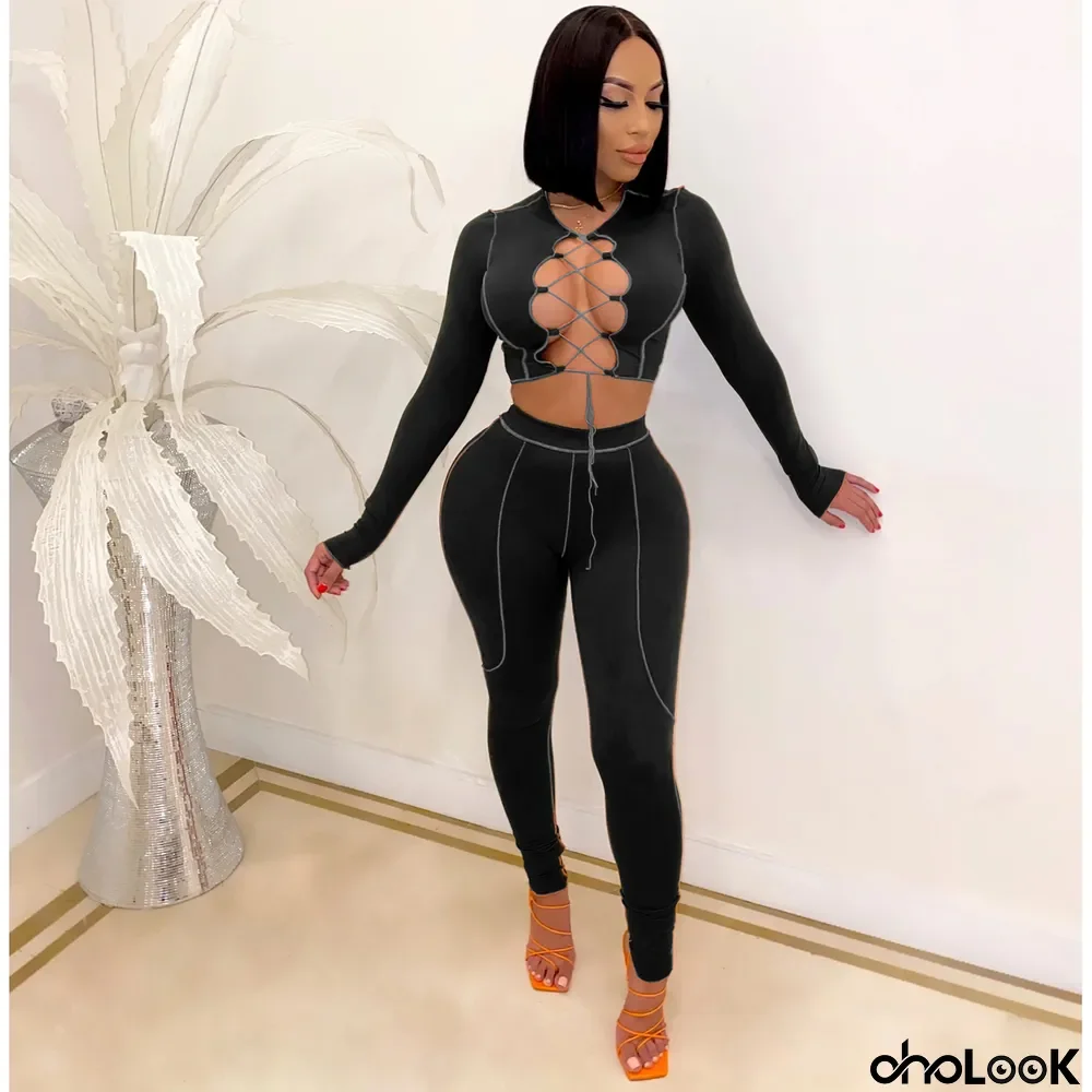 Sexy Lace Up Long Sleeve Two Piece Pants Set