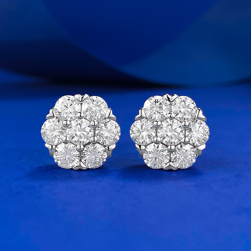 MIKAMU S925 Silver Moissanite Flower Stud Earrings - Hip Hop Elegance with Full Pave Setting