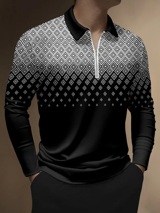 Geometric Gradient Zip Long Sleeve Polo