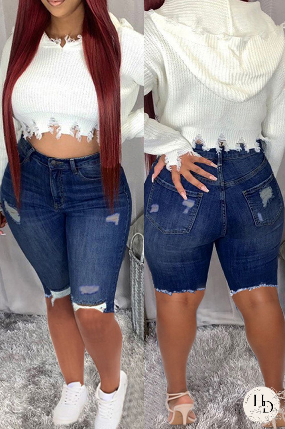 Dark Blue Fashion Casual Solid Ripped Plus Size Jeans