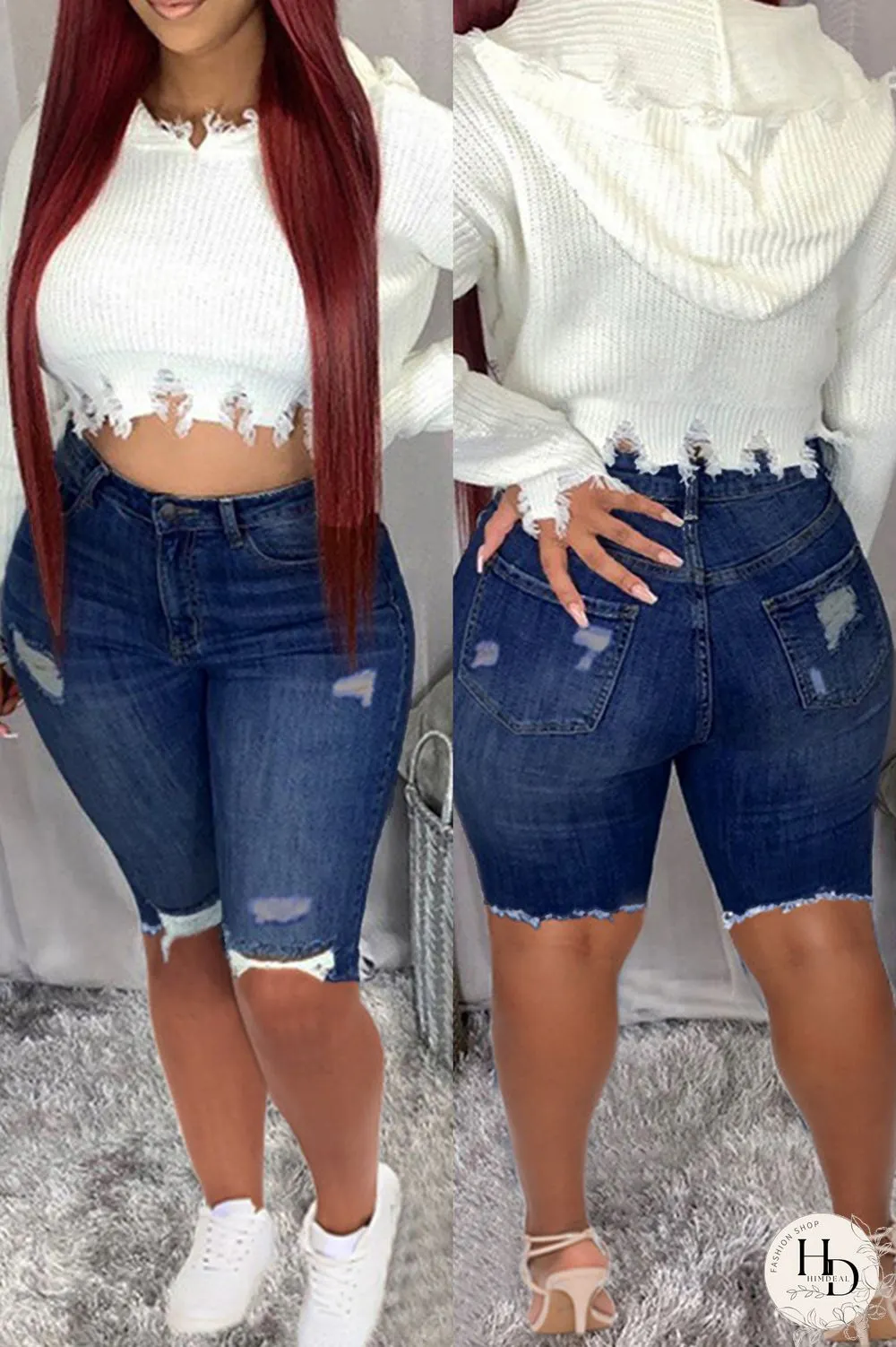 Dark Blue Fashion Casual Solid Ripped Plus Size Jeans