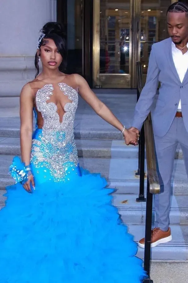 Lvs&Broner Tulle Jewel Sleeveless Long Prom Dress With Appliques Beading