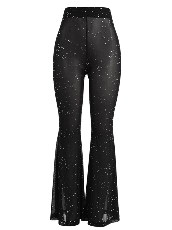 Mesh Paneled See Through Rhinestone High Rise Flare