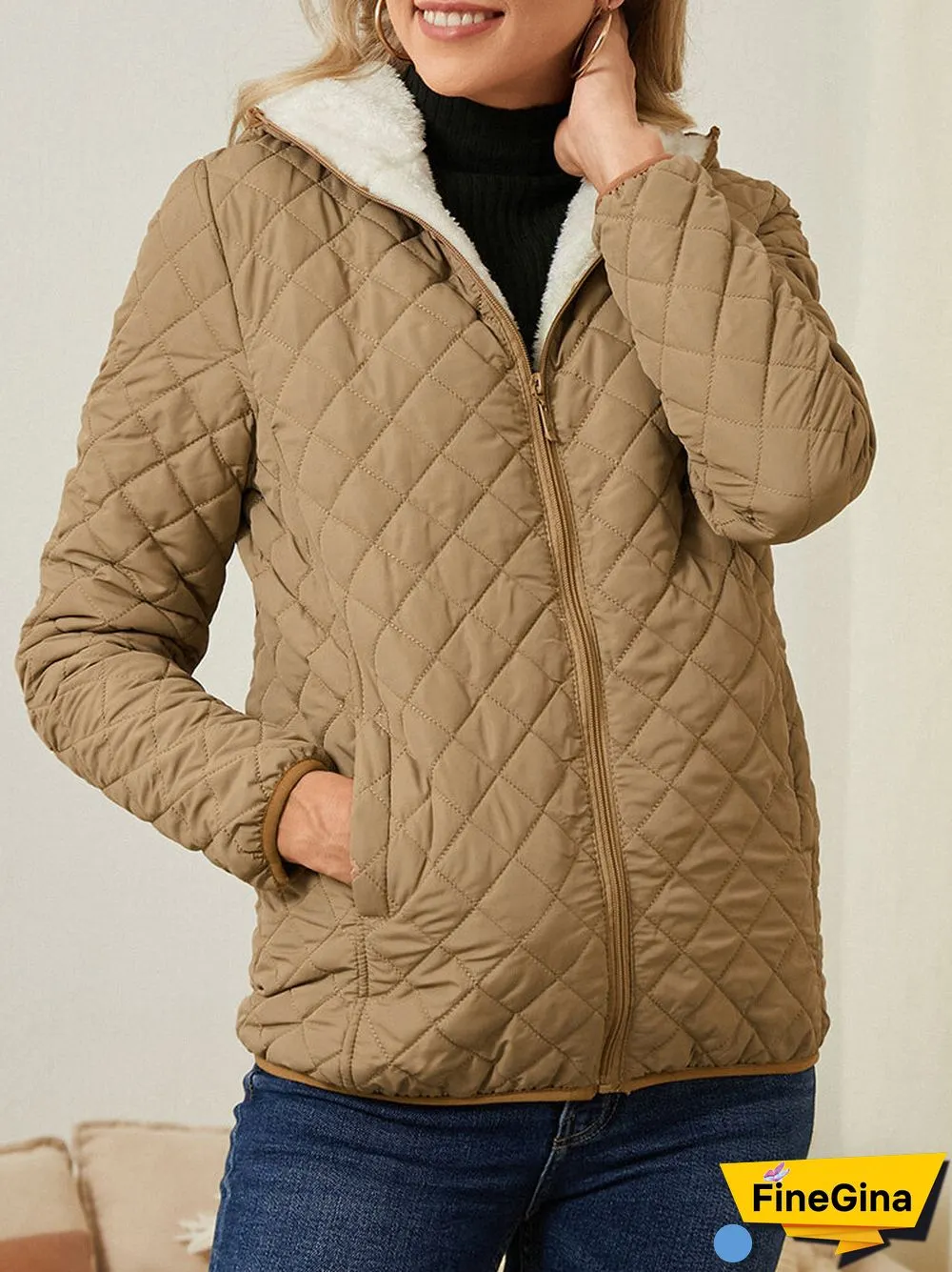 Solid Plush Zip Front Pocket Hooded Long Sleeve Coat