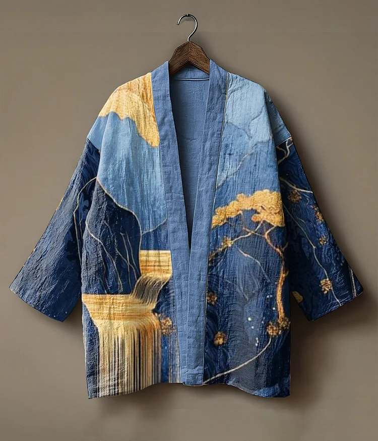 Abstract print embroidered linen cardigan kimono