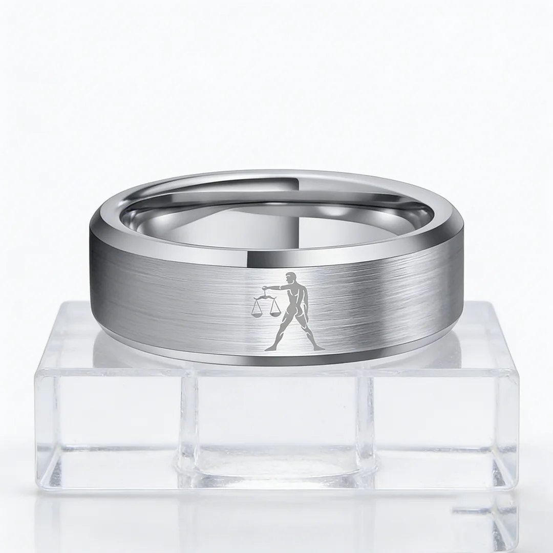 Sliver Libra Tungsten Carbide Rings Beveled Edges Sliver Laser Etched Couple Wedding Bands 4MM 6MM 8MM Width