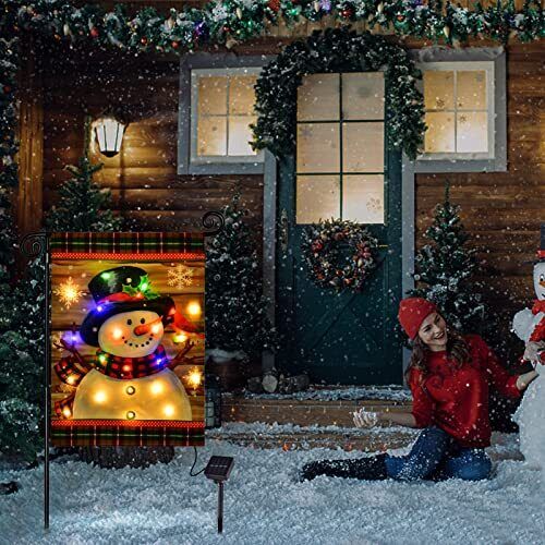 Merry Christmas Lighted Garden Flag, LED Christmas Snowman Flag, (12x18 Inch)