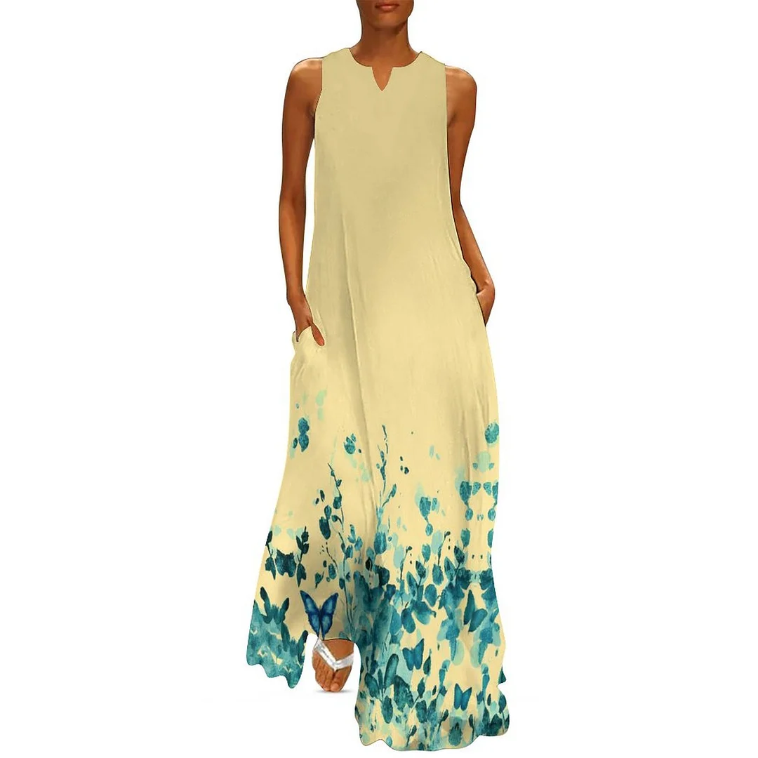 Style & Comfort for Mature Women Plus Size Printed Sleeveless Casual Women Maxi Dress with Pockets in Pattern Blue, Yellow, Floral