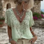 Women's Floral Embroidered Art V-neck Short Sleeved Linen Blend T-shirt - Image 6