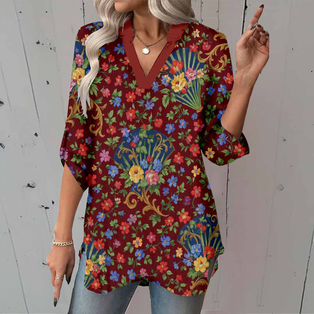 Women Flowers, Red, Black DZGA0383 3/4 Sleeve V-neck Printed Graphic Button Tops