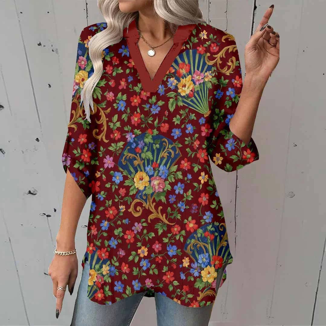 Women Flowers, Red, Black DZGA0383 3/4 Sleeve V-neck Printed Graphic Button Tops