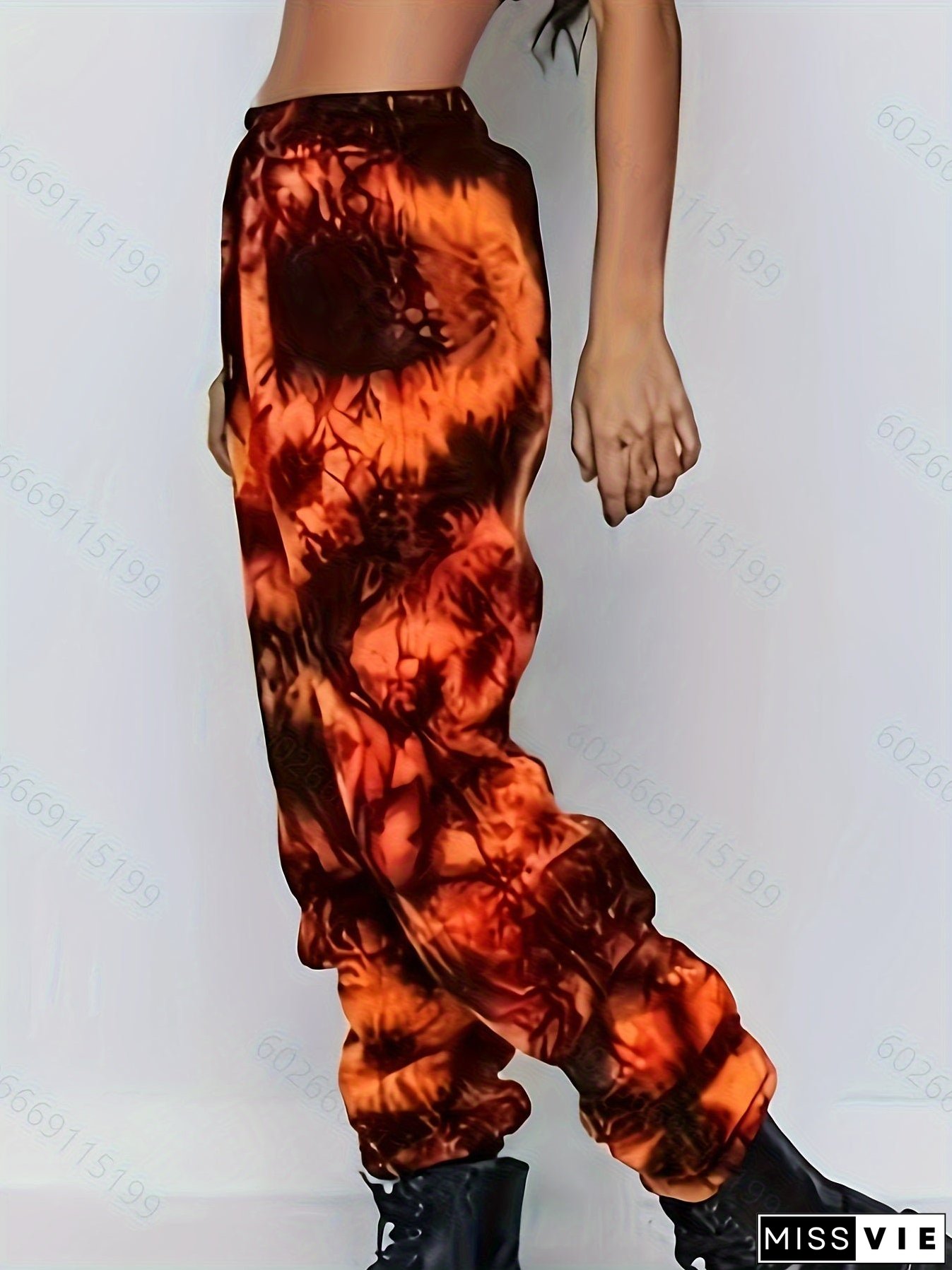 Plus Size Casual Pants, Women's Plus Tie Dye High Waist Harem Drawstring Pants With Pockets