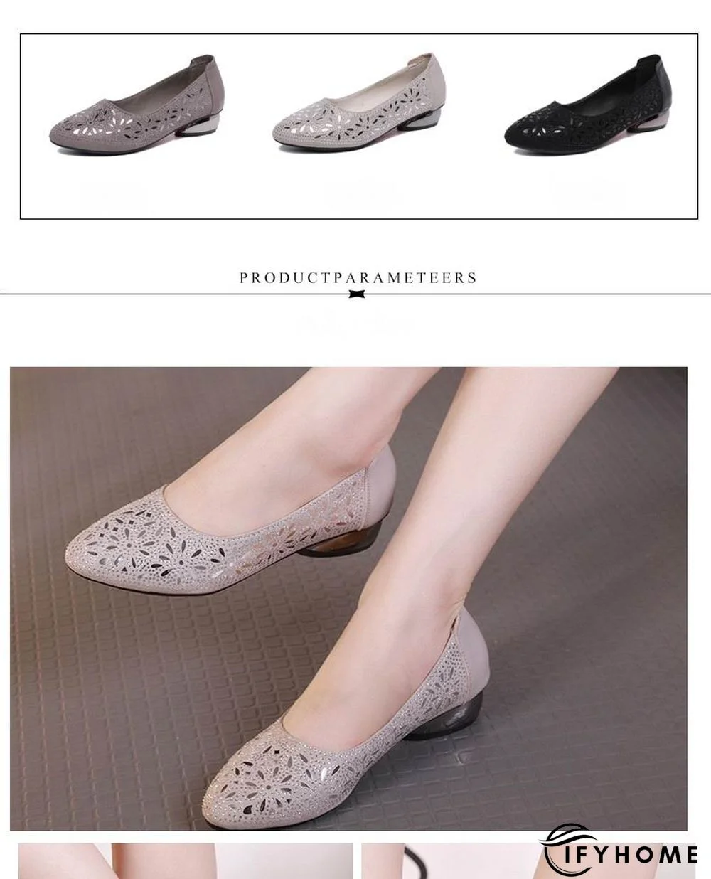 Crystal Low Heels Women shoes Soft Genuine Leather Female Shoes Women Slip On Footwear Square Heel Ladies Shoes | IFYHOME