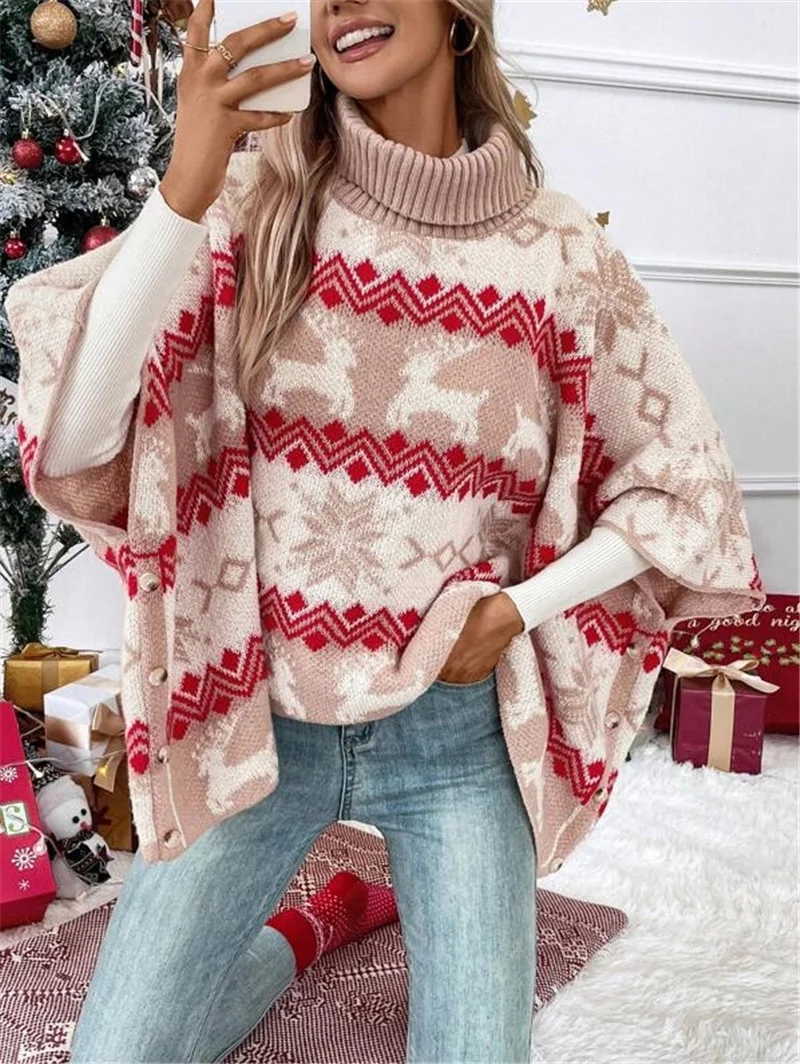 Athvotar Athvotar And Winter Sweater New High-Collar Christmas Sweater Elk Bump Pattern Bat Sleeve Sweater