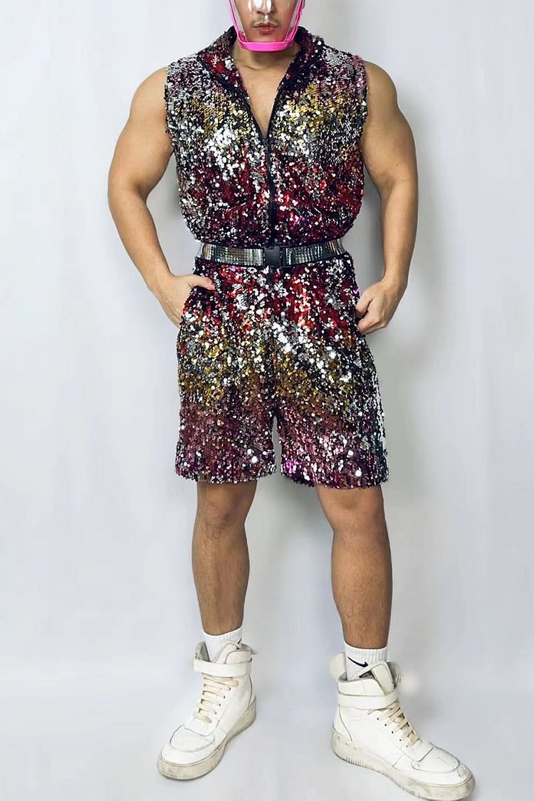 Men's Shining Iridescent Sequin Sleeveless Shorts Romper [Pre-Order]